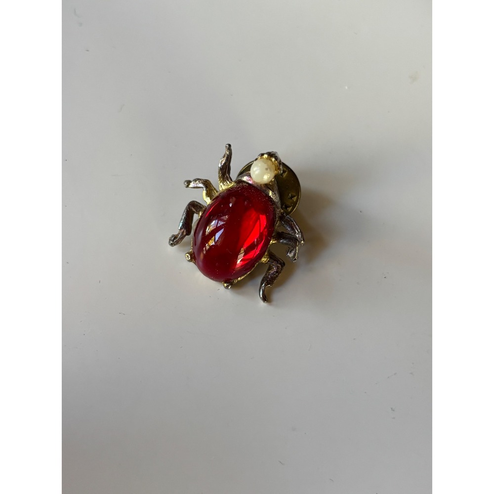 Vintage AJC Red Cabochon Beetle Bug Pin Faux Pearl Gold Tone Insect Lapel Pin